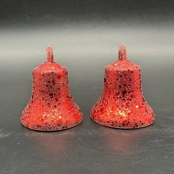 Vintage Christmas Ornaments Plastic Bell Set Of 2 Red Glitter Mid Century Modern - Picture 3 of 8